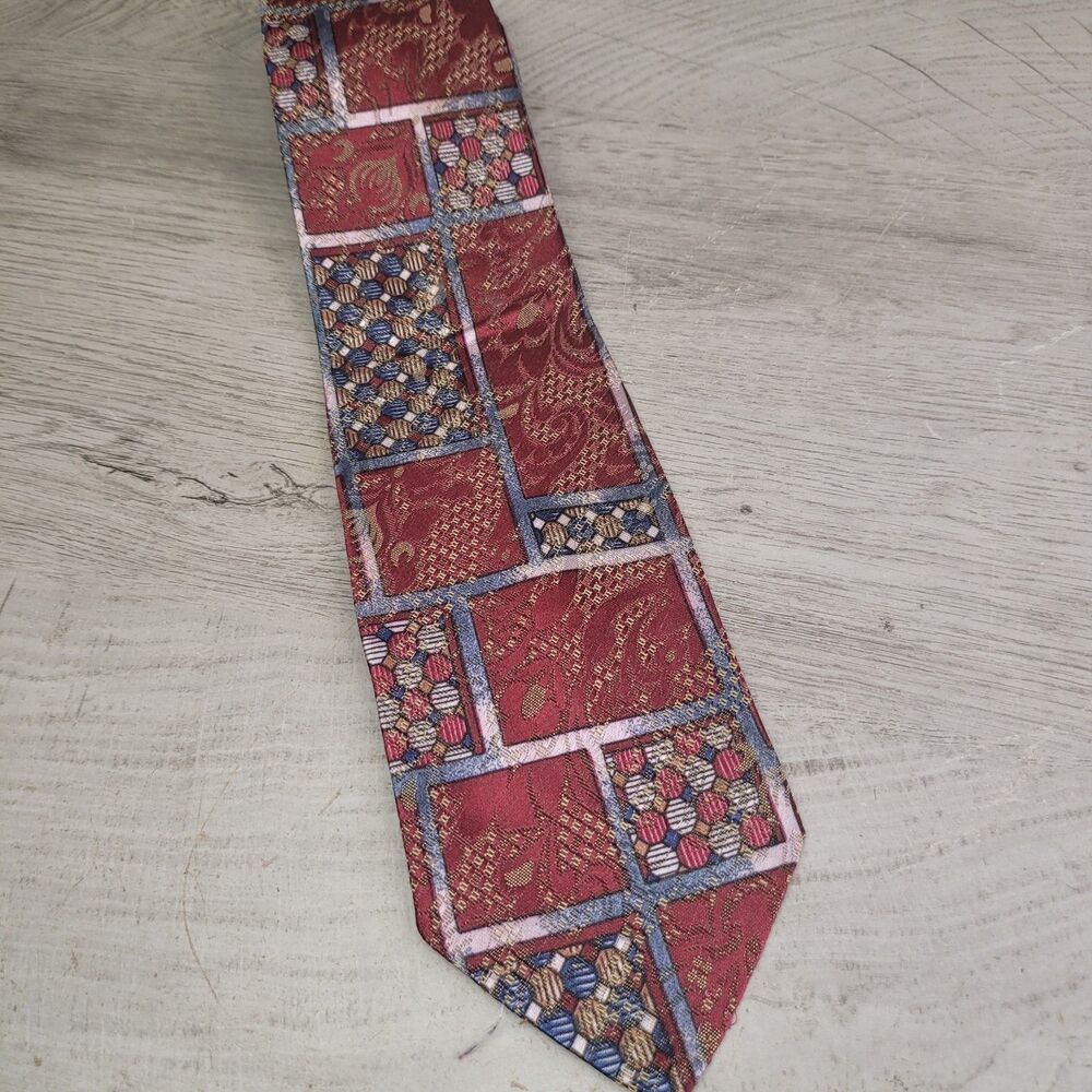 Towncraft Town Craft Mens Necktie Tie Polyester Window Pane Red Made In USA